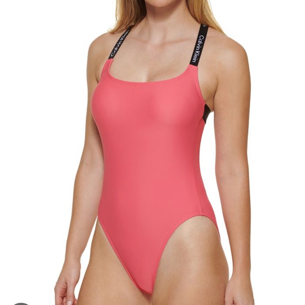NWT CALVIN KLEIN Deep U-Back Criss-Cross Logo Elastic One-Piece Swimsuit -Size S